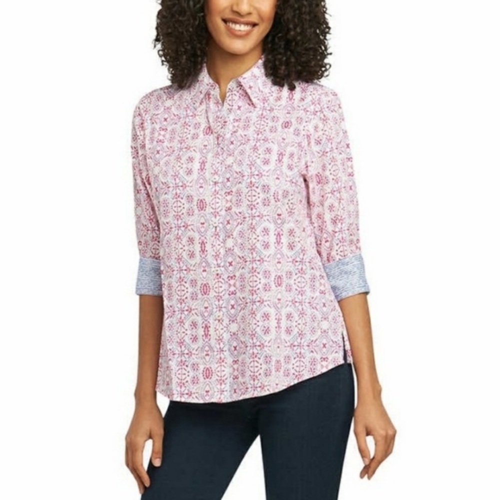 Foxcroft NYC poplin Pink and White Button Down Shirt 3/4 sleeve